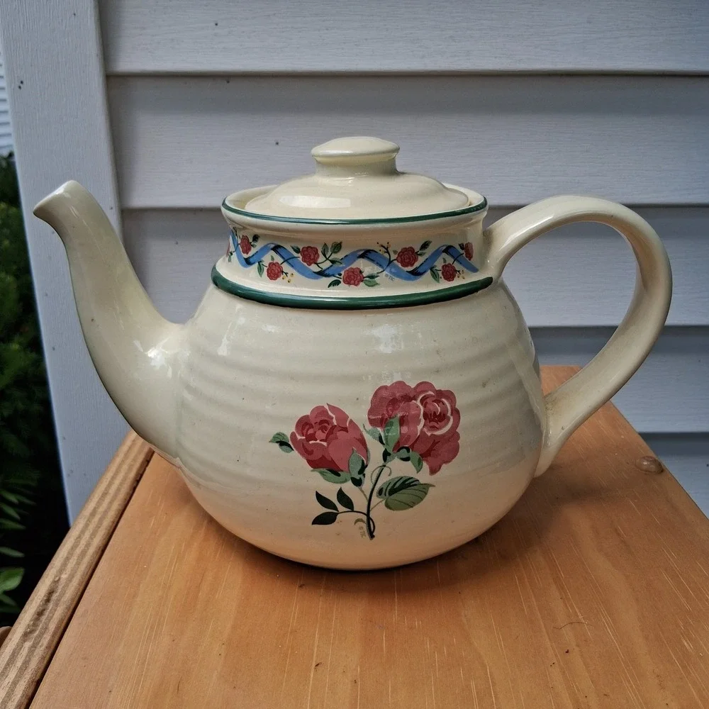 Vintage 90s Cottagecore Treasure Craft Pottery Stoneware Teapot Country Rose USA